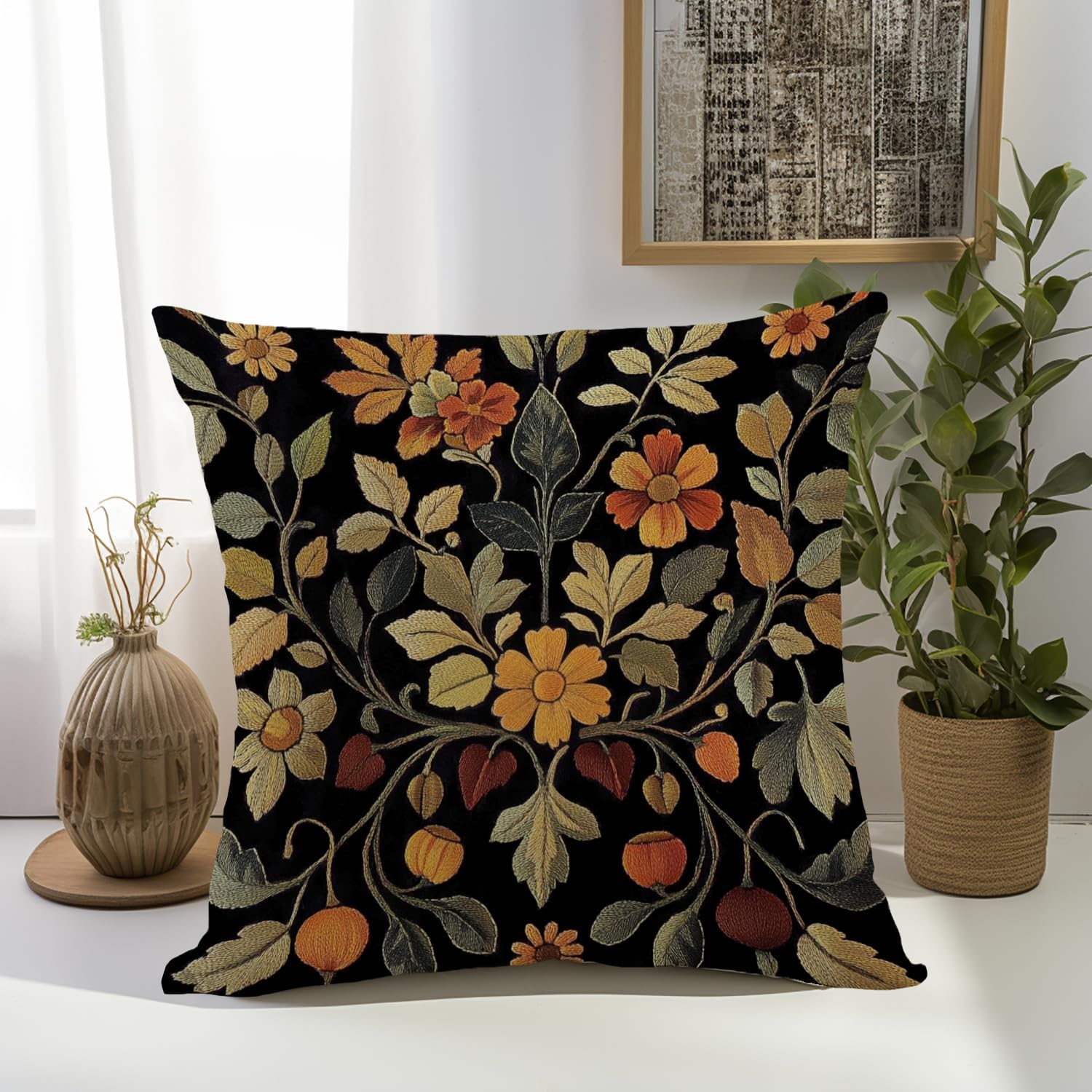 William Morris Abstract Vintage Print Floral Velvet Design Throw Pillow Covers Home Decor, Retro Art Decor Pillowcase Cushion Cover for Bed Sofa Living Room, Square 18x18inch (Black-Floral2)