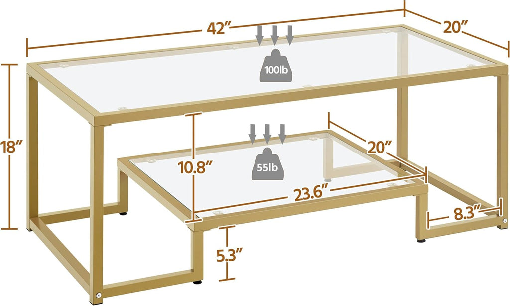Yaheetech Gold Coffee Table, 42" Rectangular Glass Coffee Table for Living Room, 2-Tier Living Room Tables with Storage Center Tea Tables with Metal Frame for Small Space, Apartment, Office