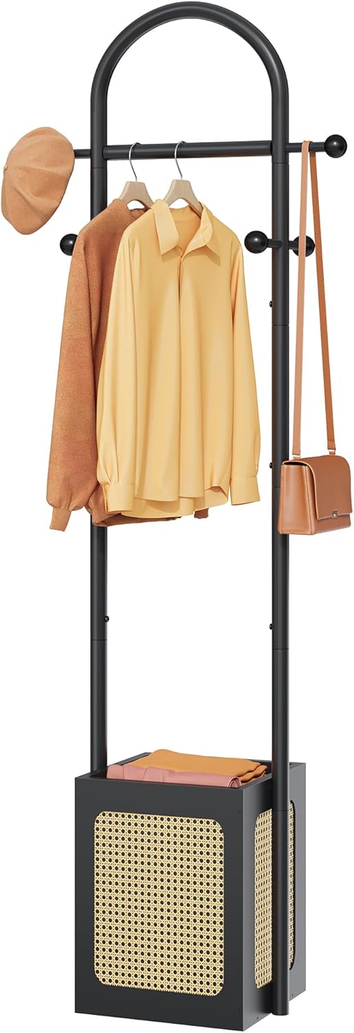 Coat Rack Stand with Wooden Base, Coat Tree Rattan Design, Coat Hanger Stand with 6 Hooks, Small Clothes Rack for Living Room, Bedroom, Office, Black