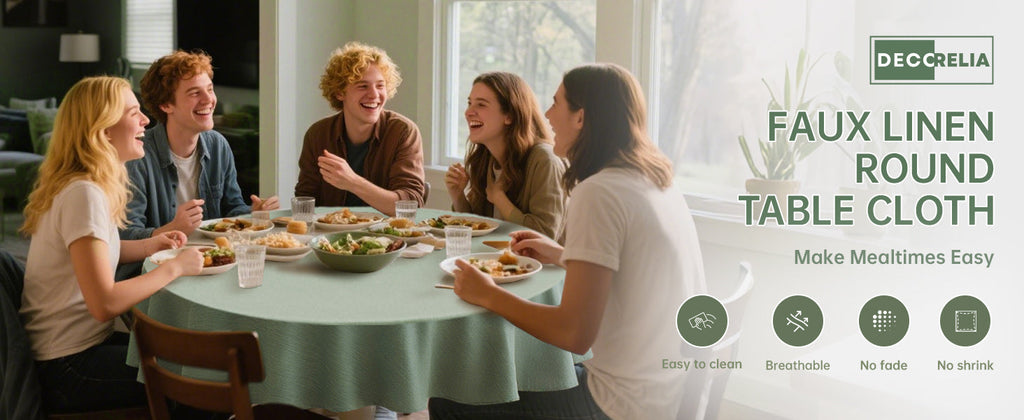 Decorelia Faux Linen Round Tablecloths 60 inch, Waterproof Decorative Washable Texture Rustic Circle Table Cloth Cover for Dining Kitchen Party Farmhouse Outdoor(Round (2-4 Seats),Sage Green)