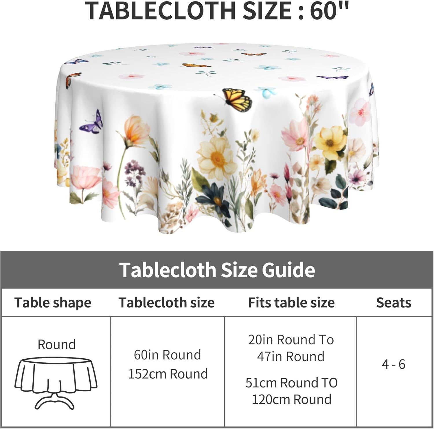 Spring Tablecloth 60 x 60 Inch Round Watercolor Flowers Table Cover Waterproof Wipeable Reusable for Kitchen Restaurant Home Parties Season Decor