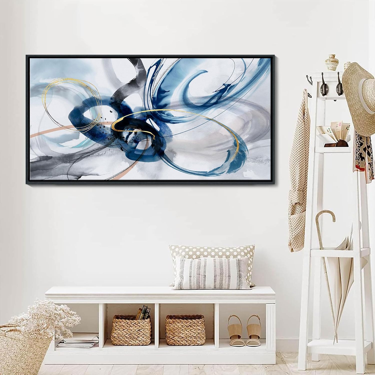 Large Wall Art for Living Room - Abstract Wall Decor Framed Picture Artwork for Wall Decorative Paintings Blue and White Modern Office Bedroom Art
